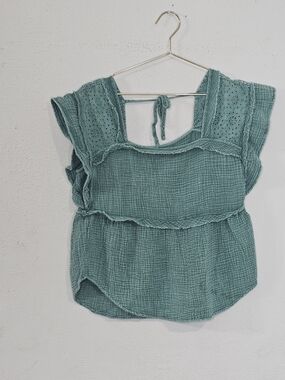Maurices Green Double Gauze Cotton Flutter Sleeve Eyelet Boho Top Small